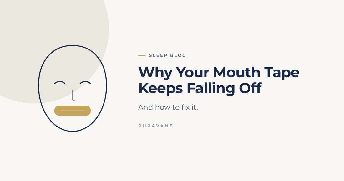 Illustration of a sleeping face wearing a rounded rectangular mouth strip — Why Your Mouth Tape Keeps Falling Off (And How to Fix It)