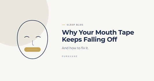 Illustration of a sleeping face wearing a rounded rectangular mouth strip — Why Your Mouth Tape Keeps Falling Off (And How to Fix It)