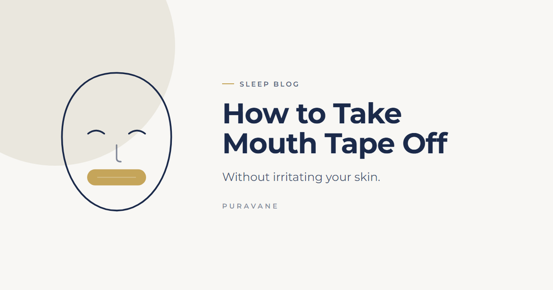 Illustration of a sleeping face wearing a rounded rectangular mouth strip — How to Take Mouth Tape Off Without Irritating Your Skin