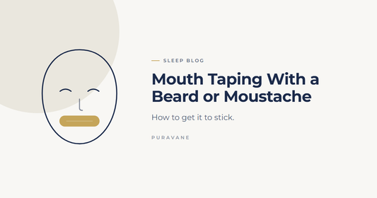 Illustration of a sleeping face wearing a rounded rectangular mouth strip — Mouth Taping With a Beard or Moustache: How to Get It to Stick